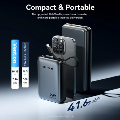45W 20000mAh Fast Charging Power Bank with Built-in Cable