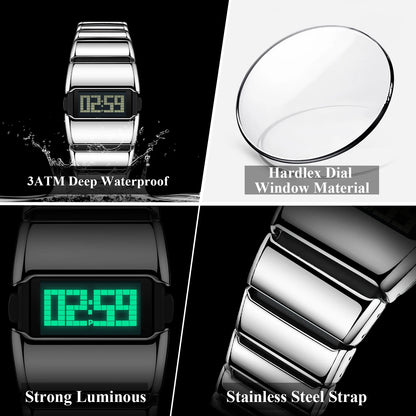 POEDAGAR Fashion LED Men Watch Waterproof Week Date Alarm Digital Man Clock Stainless Steel Electronic Sport Men's Watches Reloj