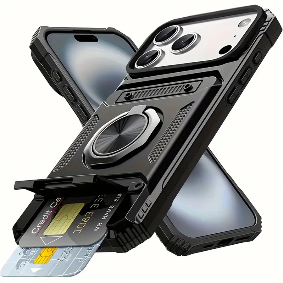 Rugged Armor Phone Case with Hidden Dual Card Slot & 360° Rotating Metal Ring Holder Kickstand, Shockproof Heavy-Duty Hard Shell with Raised Camera Protection, Compatible with iPhone 18/17 Pro Max/16/15/14/13/12/11/Plus/Aie