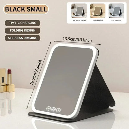USB Rechargeable 3 Colors LED Makeup Mirror Pocket Mirror Touch Dimmable 3 Brightness Foldable for Travel Office Home - Urbizia