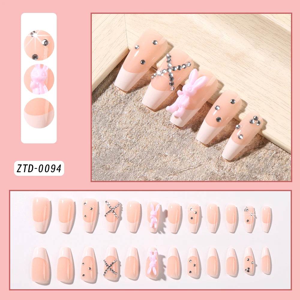24Pcs Black Glossy Halloween Almond Fake Nails – Gradient French Press-on Nails with Rose, Heart & Skull Designs