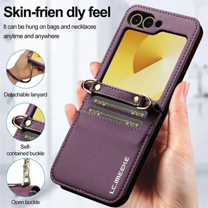 Wallet Crossbody Phone Case For Samsung Galaxy Z Flip 7 FE 6 5 4 3 Flip6 Flip7 5G with Card Holder Wrist Strap Lanyard Leather