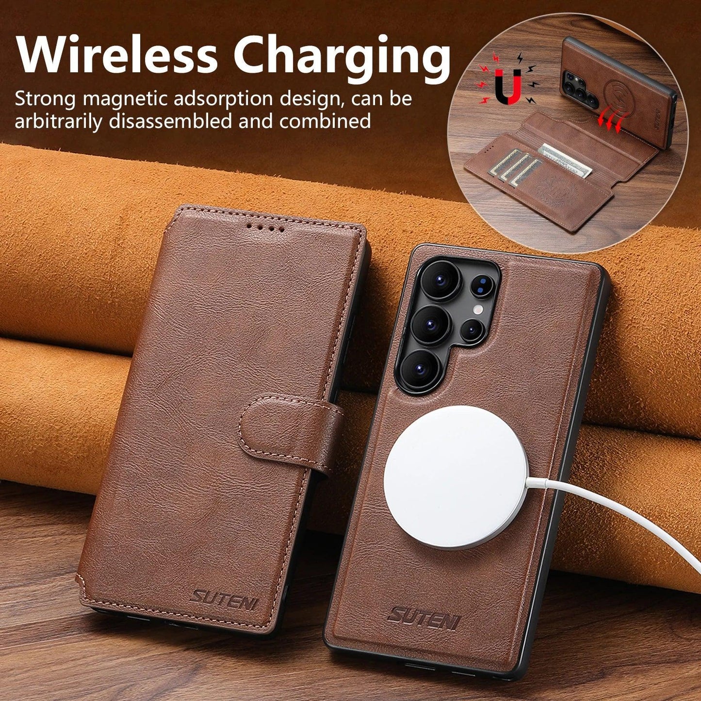 SUTENI PU Leather Wireless Charging Card Holder Stand Wallet Magnetic Flip Cover Phone Case For Samsung Galaxy S25 Ultra S24 S23
