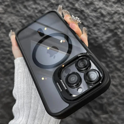 Luxury Magnetic Shockproof Phone Case for iPhone 16/15/14/13/12/11/17 Pro Max with Stand and Glass Lens Case