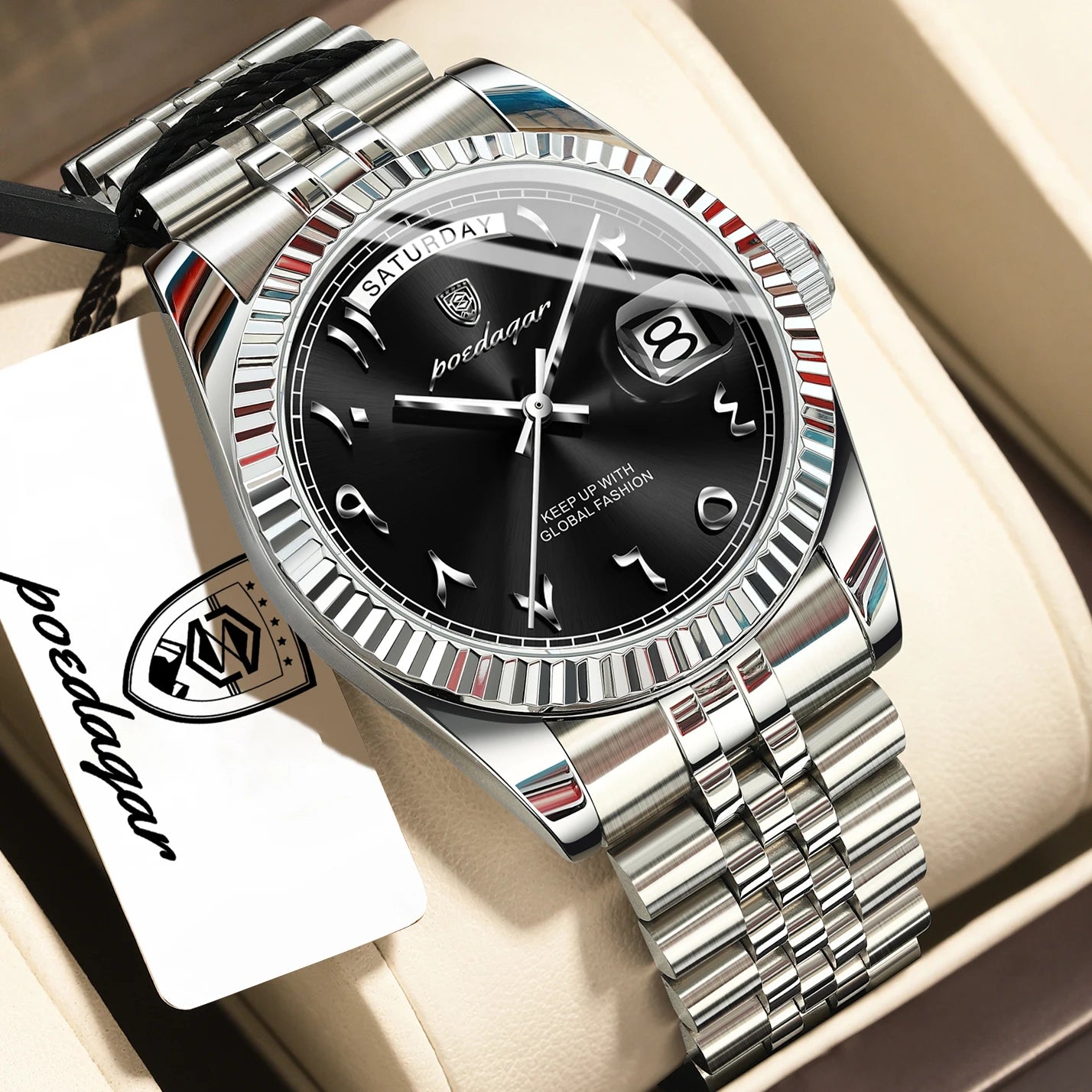 POEDAGAR Top Trendy Man Clock Stainless Steel Waterproof Business Men Watch Date Week Quartz Creative Men's Watches Reloj Hombre