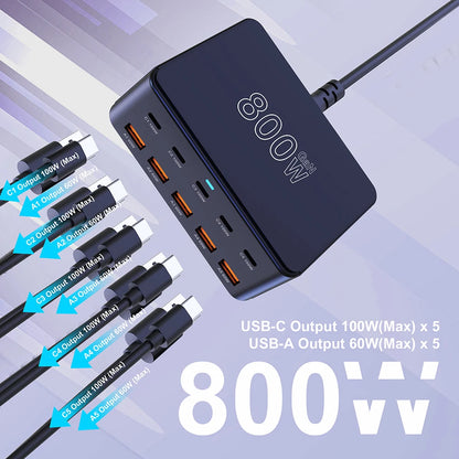 800W USB C GaN Charger 100W PD3.0 PPS QC3.0 Multiport Fast Charging Station for iPhone 15 16 Samsung Macbook Pro Laptops Tablets
