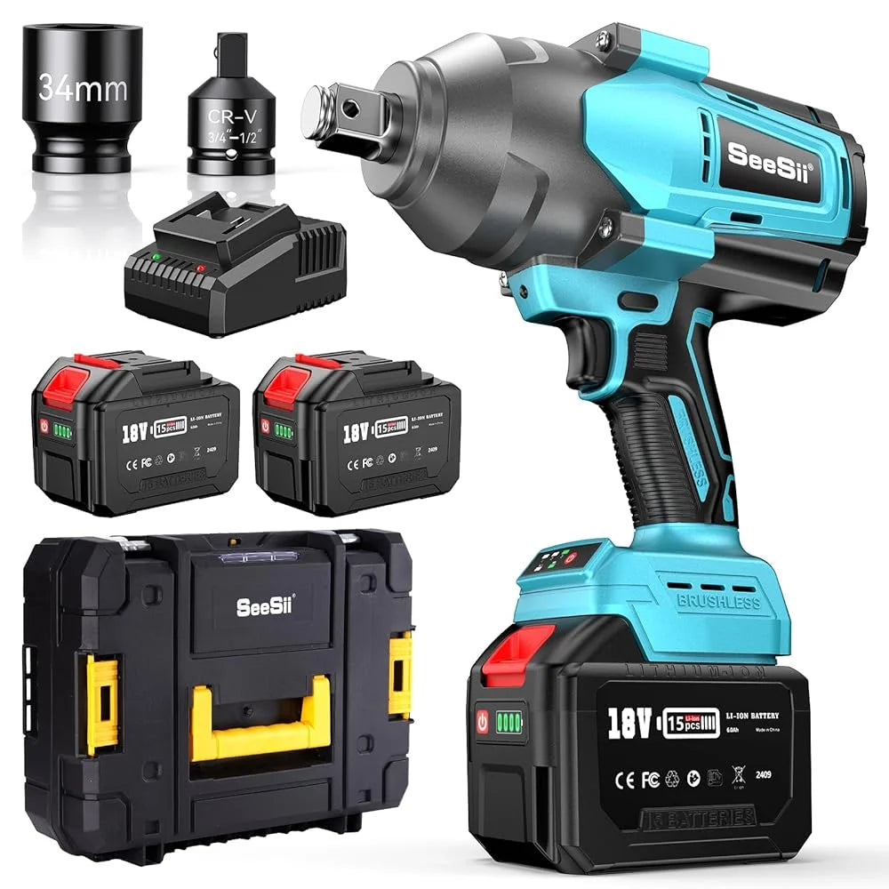 SEESII 2000Nm Electric Impact Wrench High Torque Brushless Cordless Power Impact Gun 3/4" Car Repair For Makita with 6.0Ah Battery