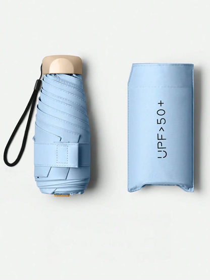 1pc Lightweight Portable Travel Umbrella, Waterproof, Manual Open/Close, 6 Reinforced Ribs, UV Protection Sunshade, Unisex (Due To Batch Differences, The Umbrella Fabric, Rib Color, English Letter Pattern Design, Button Shape