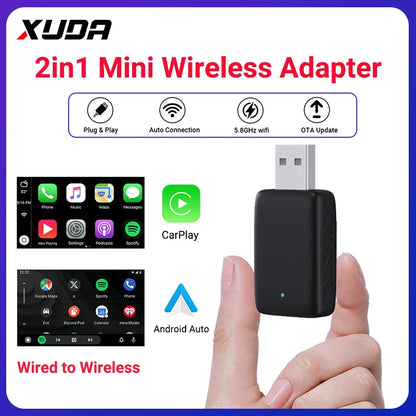 2026 NEW Wired to Wireless CarPlay and Android Auto 2 in 1 Mini Adapter 5GHz WiFi5 for 99% Original Wired CarPlay/Auto Cars
