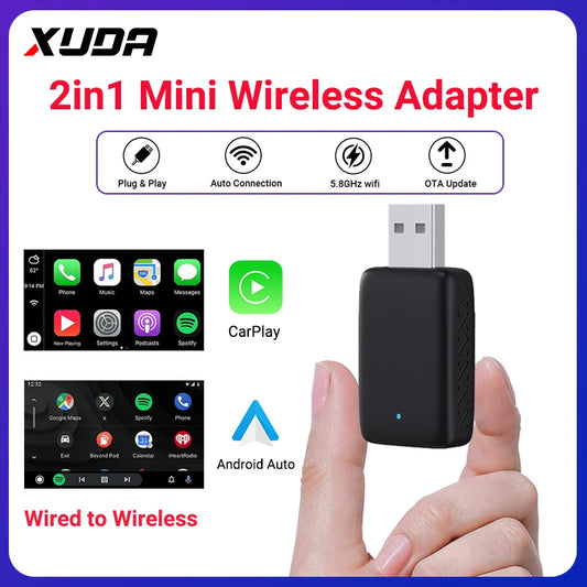 2026 NEW Wired to Wireless CarPlay and Android Auto 2 in 1 Mini Adapter 5GHz WiFi5 for 99% Original Wired CarPlay/Auto Cars