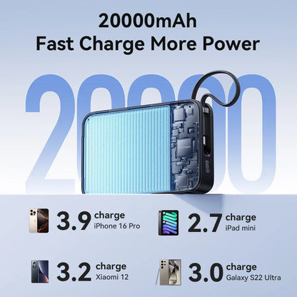 65W 20000mAh Power Bank Built-in USB-C Cable Fast Charge