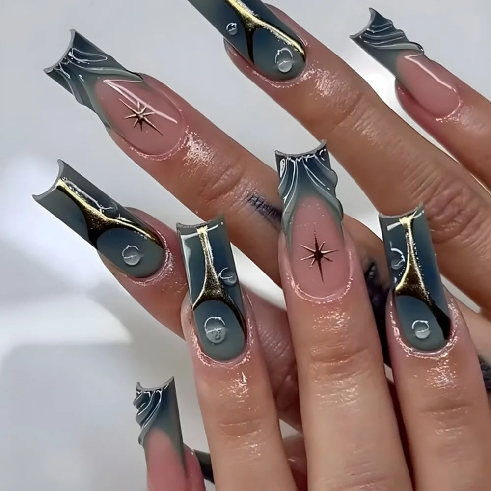 24pcs Halloween Press-On Nails – Gothic Punk 3D Spider Skull Design, Black Y2K Coffin French Fake Nails
