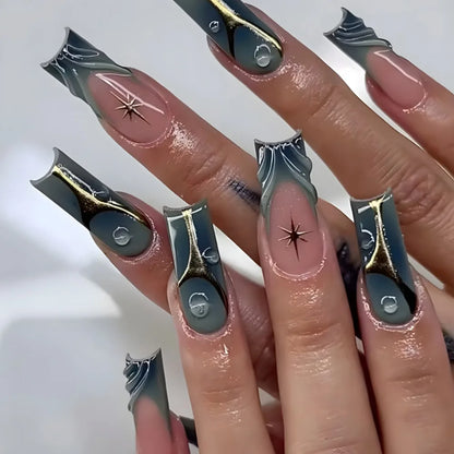 24pcs Halloween Press-On Nails – Gothic Punk 3D Spider Skull Design, Black Y2K Coffin French Fake Nails
