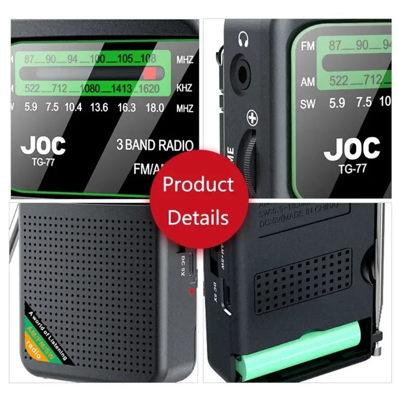 Battery Operated Radio FM AM SW Radio Built-in Speaker Pointer Pocket Radio Type-C Rechargeable with HD Display Screen for Elder - Urbizia