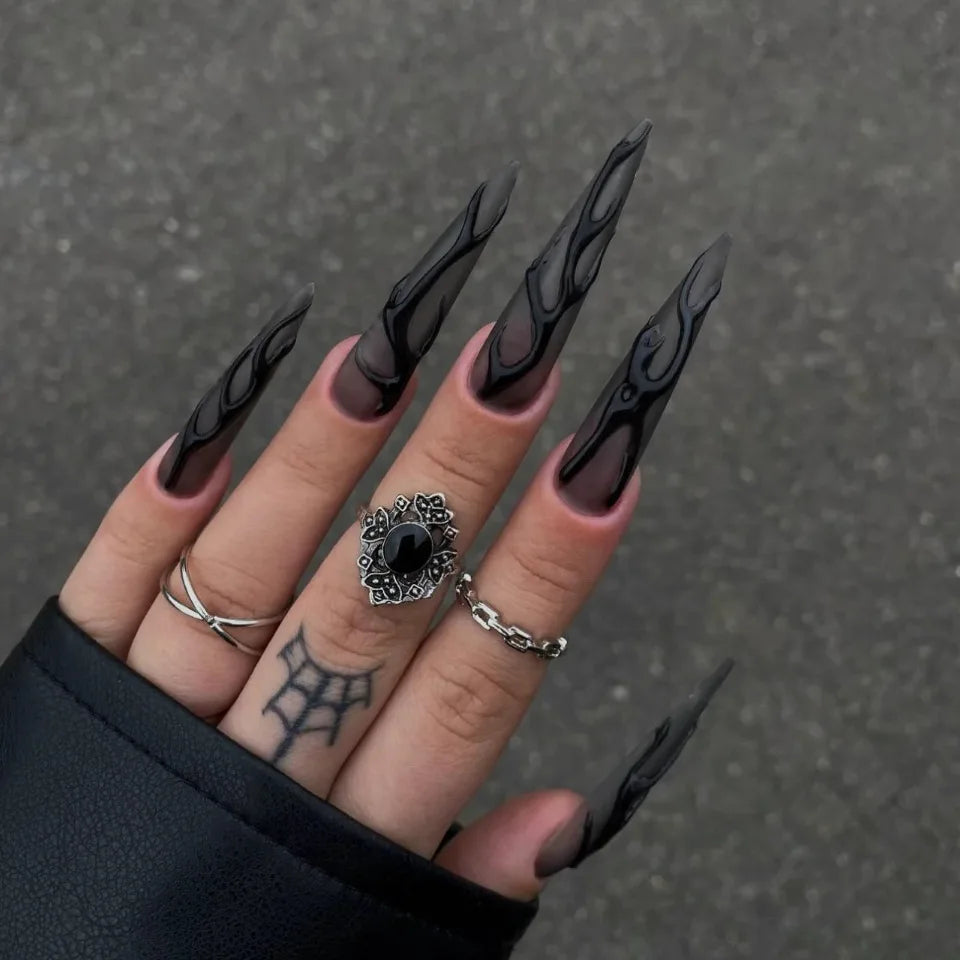 24pcs Blood Red Gradient Long Pointed Fake Nails – Full Cover Halloween Press-On Nail Tips