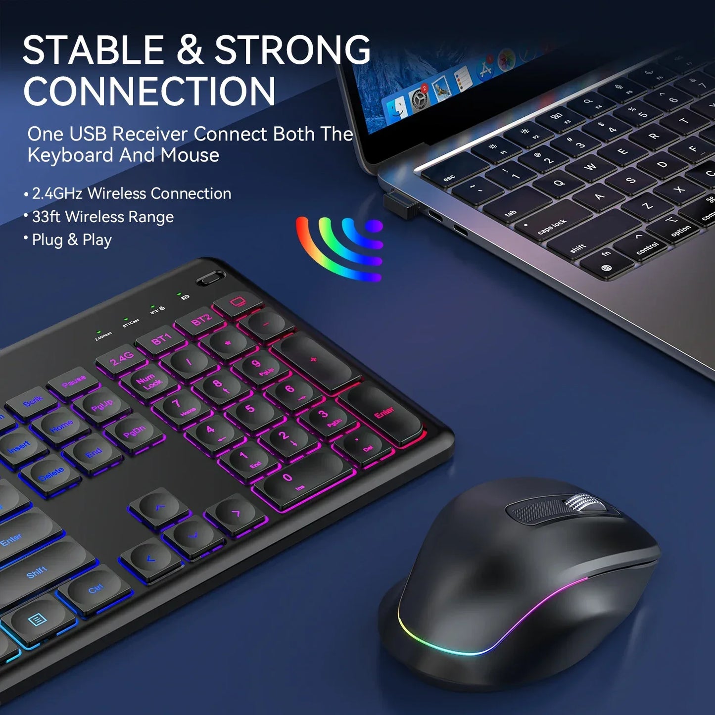 Wireless Keyboard and Mouse Combo with Backlit Full Size Ergonomic Keyboard with Phone Tablet Holder 2.4G Mouse for PC Laptop