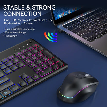 Wireless Keyboard and Mouse Combo with Backlit Full Size Ergonomic Keyboard with Phone Tablet Holder 2.4G Mouse for PC Laptop