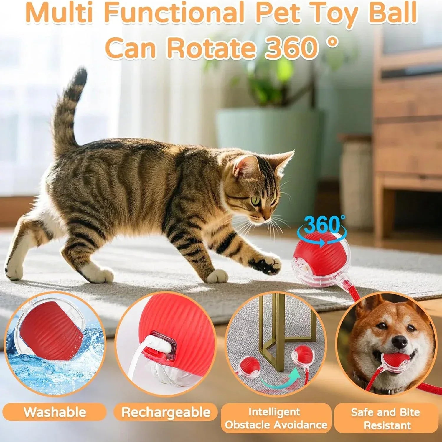 Dog Cat Interactive Ball Toy Automatic Rolling Ball Faux Tail Rechargeable Smart Pet Electric Toy Dog Cat Training Imitate Mouse - Urbizia