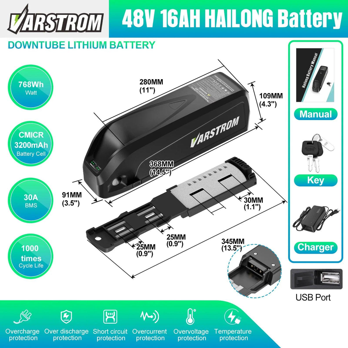 [US Stock] Varstrom Electric Bike Battery Hailong 48V 52V 20AH 30A Downtube Pack with 21700 Battery Cells 40A BMS for BBS02 TSDZ8 EBike Motor