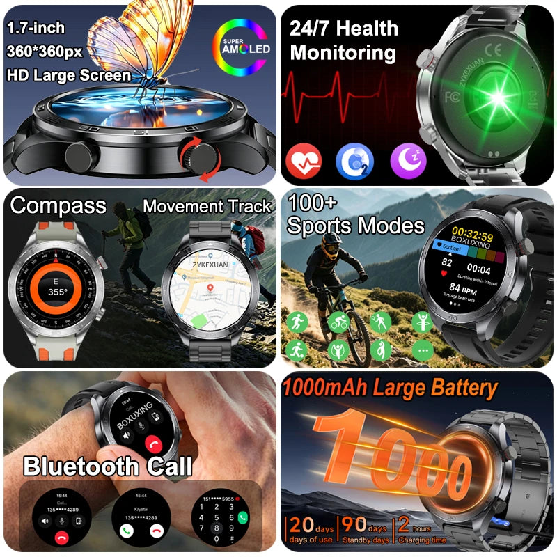 New GPS Track Smart Watch Men AMOLED Screen Outdoor Sports Fitness Heart Rate Compass IP68 Waterproof Bluetooth Call Smart Watch
