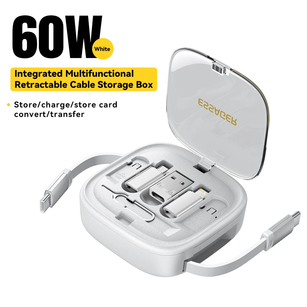 Essager 60W Fast Charge USB A/C To TypeC Micro Lightning Cable Mini Multifunctional Travel Storage Box With Phone Holder Pin Set