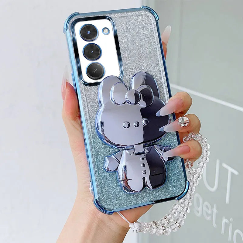 Luxury Shockproof Phone Case with Rabbit Makeup Swivel Stand Crystal Lanyard For Xiaomi Redmi 15 4G 5G 169mm 171mm Back Cover