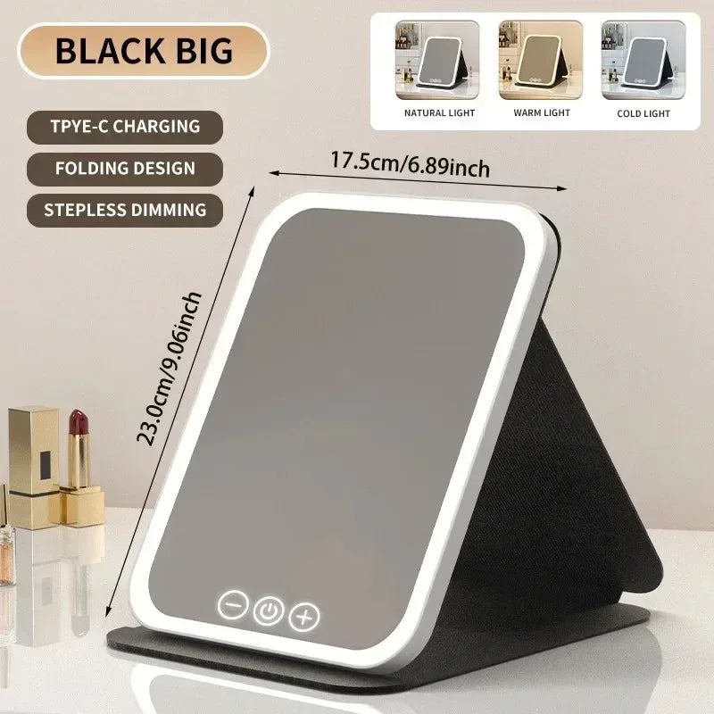 USB Rechargeable 3 Colors LED Makeup Mirror Pocket Mirror Touch Dimmable 3 Brightness Foldable for Travel Office Home - Urbizia
