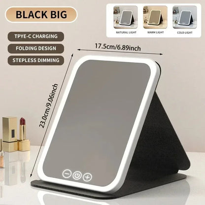 USB Rechargeable 3 Colors LED Makeup Mirror Pocket Mirror Touch Dimmable 3 Brightness Foldable for Travel Office Home - Urbizia
