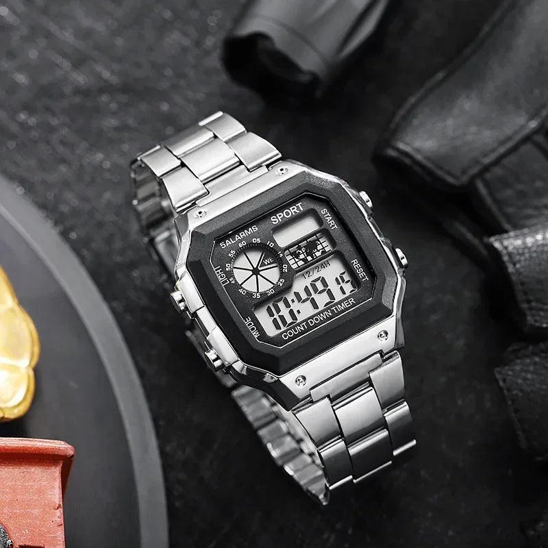 YIKAZE Luxury Stainless Steel Strap Sport Watches Men Military Digital Watches Waterproof Clock LED Men's Sport Wristwatch