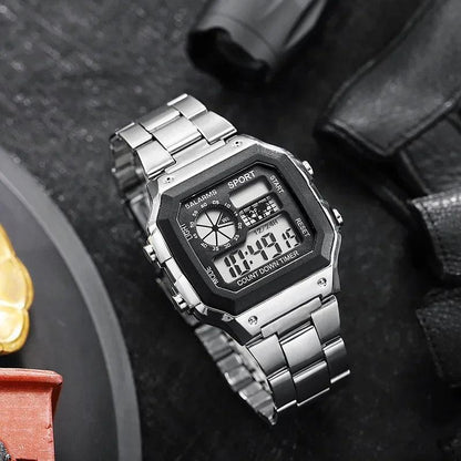 YIKAZE Luxury Stainless Steel Strap Sport Watches Men Military Digital Watches Waterproof Clock LED Men's Sport Wristwatch