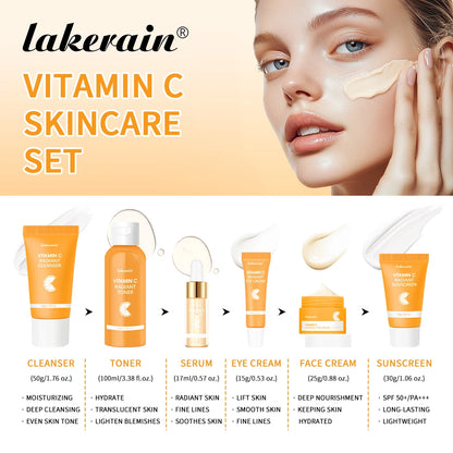 Lakerain Vitamin C Skin Care Set 6pcs Kit Whitening Cream Dark Spots Serum Dark Circle Eye Facial Moisturizing Lightening Kits