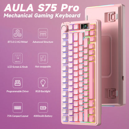AULA S75pro Wireless Keyboard Tri-mode RGB Gaming Keyboard Hot Swap PBT Keycaps with Macro Software