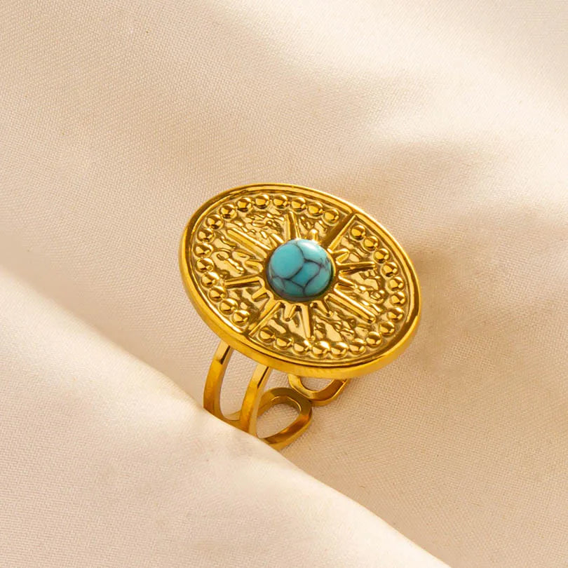 Turquoise Finger Jewelry Long Oval Sun Heart Water Drop Stainless Steel Rings For Women Men Accessories Gold Plated Open Anillos