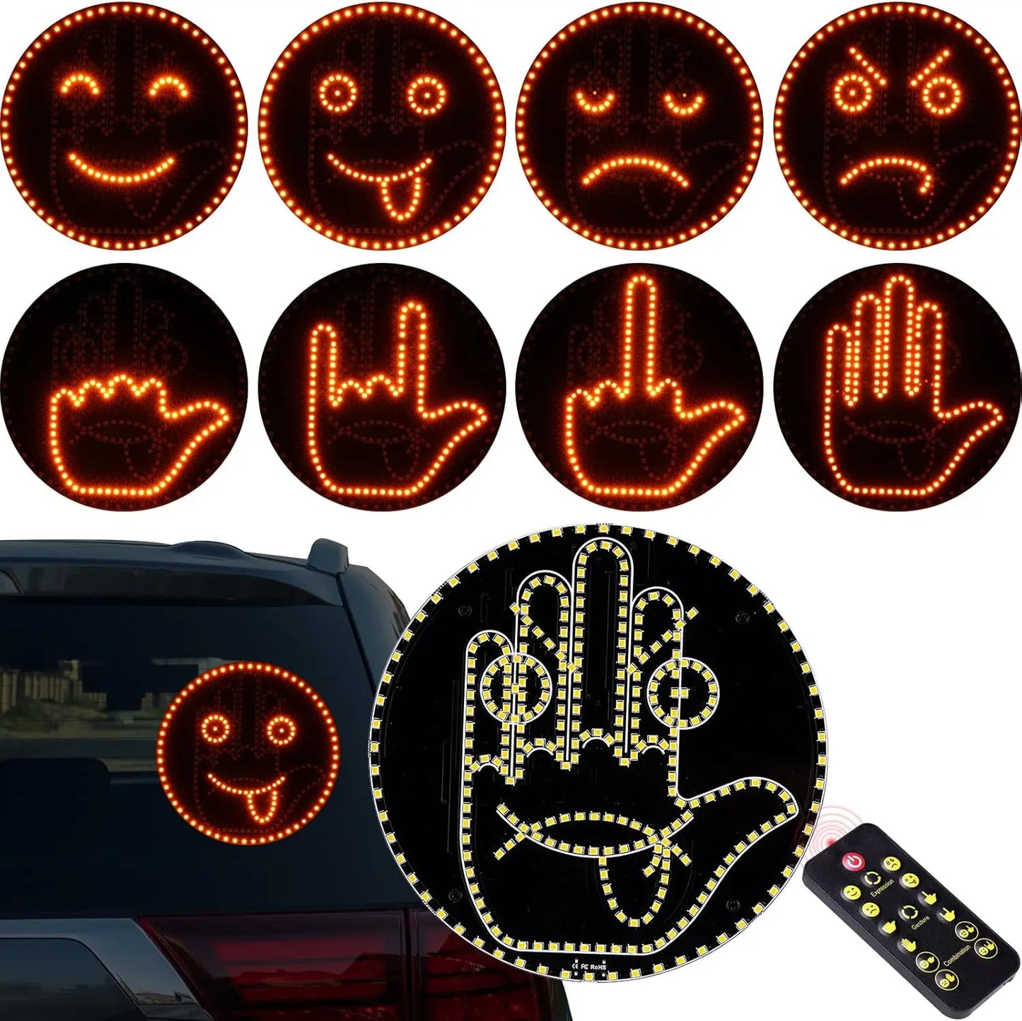 LED Car Expression Display with Remote Control for Quick Gesture Changes, Easy Installation Multiple Light Modes Hand Gesture Signal Light, Bright LED Anti-Tailgating and Safety Warnings