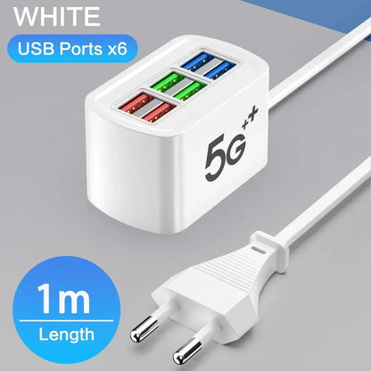 Fast USB Charger 6 in 1 Power Strip Desktop Charging Station Fast Charging 1m Cord USB HUB Adapter Socket for iPhone 16 Home - Urbizia