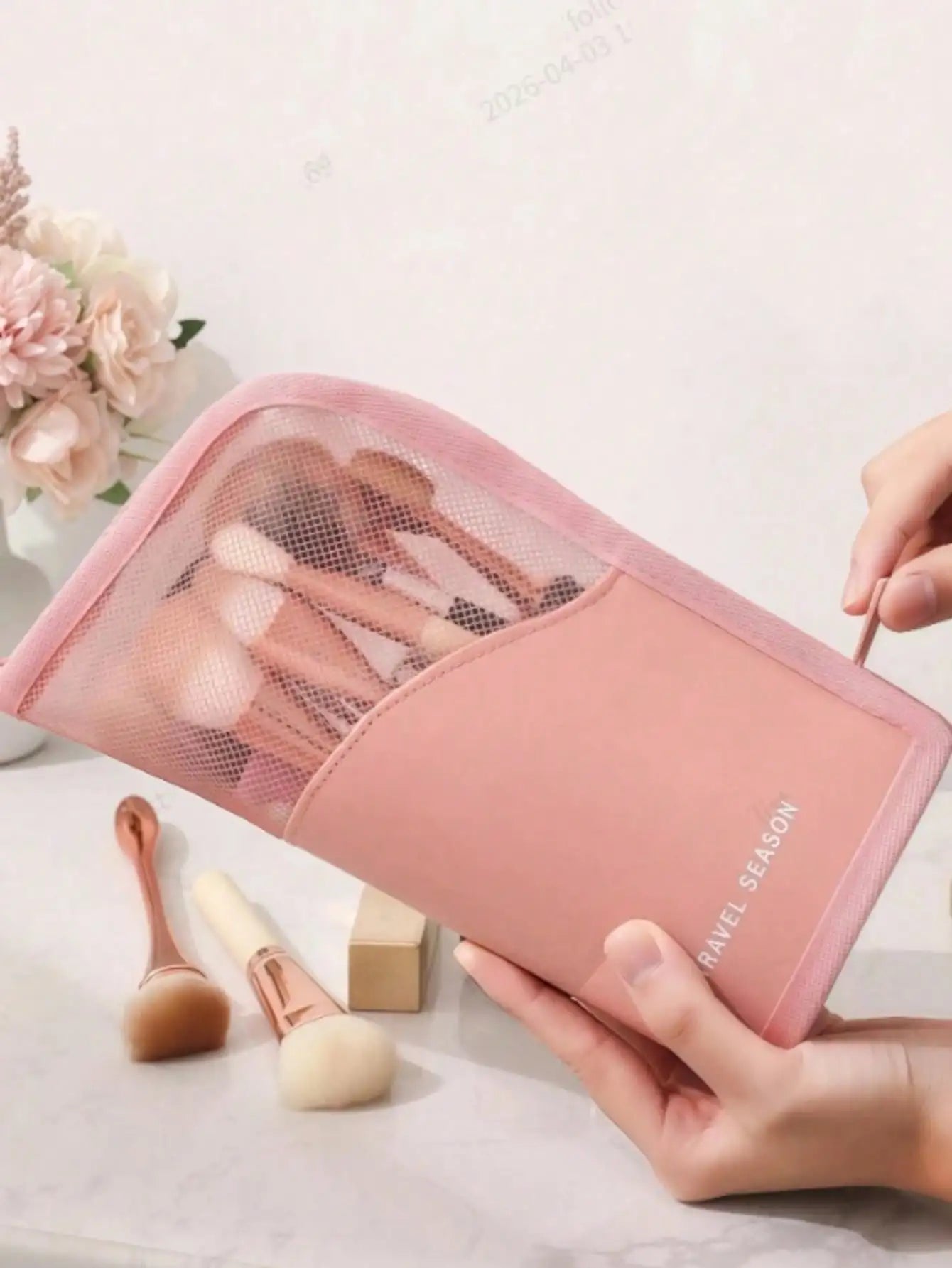 Pink Makeup Brush Holder Bag, With Zipper, Transparent PVC Waterproof Travel Makeup Brush Storage, Portable Makeup Brush Pouch, Professional Makeup Bag, Artist Storage Bag, Essential Foldable Makeup Cup, Suitable Home,, Vacat