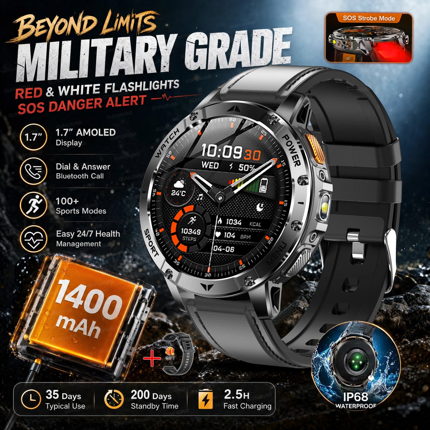 2026 New Military Outdoor Smart Watch Men 10ATM Waterproof Diving Heart Rate Monitor LED Flashlight Bluetooth Call Fitness Watch