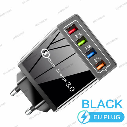 3A USB Charger 4 Ports USB Quick Charge 3.0 EU US Plug For iPhone Samsung Xiaomi Poco Fast Charging Mobile Phone Charger Adapter