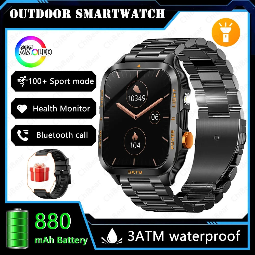 Outdoor Smartwatch Men GPS Sports 800mAh Battery Bluetooth Call Health 1.96-inch Screen Flashlight 3ATM Waterproof Smart Watch - Urbizia