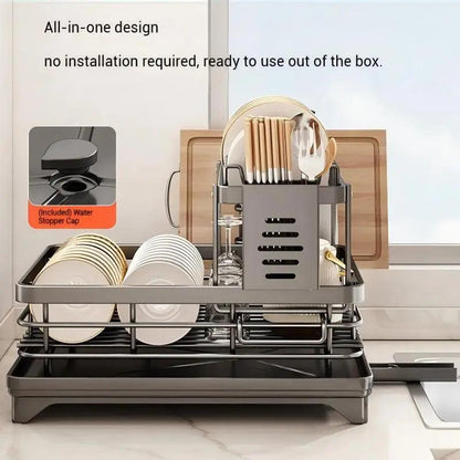 2-Tier Adjustable Steel Kitchen Dish Drying Rack with Drain Tray