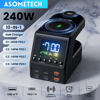 240W GaN Charger Station 4×140W PD3.1 USB Type C Wireless Fast Charger for MacBook iPad Samsung Alarm Clock Time Display - Urbizia