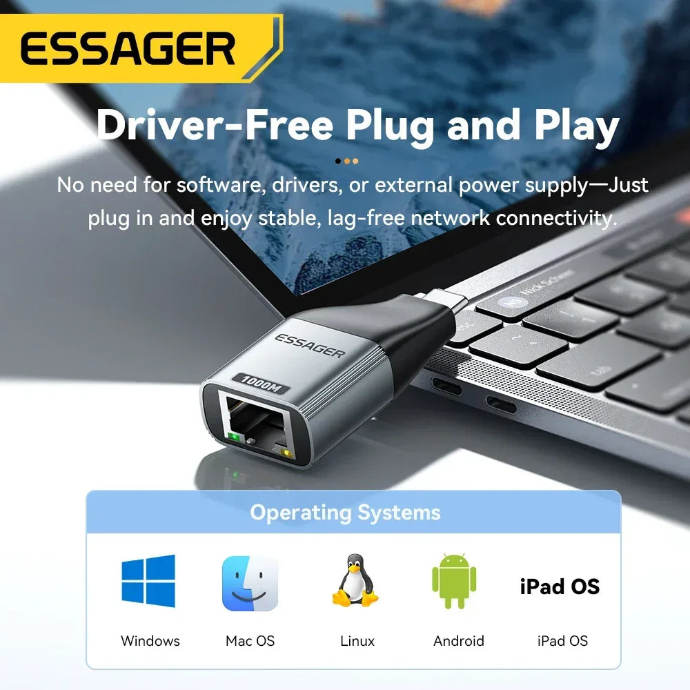 Essager Type-C to Ethernet Adapter 100/1000Mbps Gigabit High-Speed RJ45 To Type-c Adapter For MacBook Laptop Wired Network Card - Urbizia