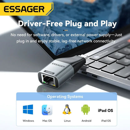Essager Type-C to Ethernet Adapter 100/1000Mbps Gigabit High-Speed RJ45 To Type-c Adapter For MacBook Laptop Wired Network Card - Urbizia
