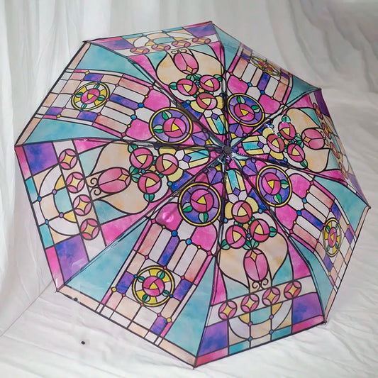 Colorful Stained Glass-Inspired Transparent Umbrella – Vintage Retro Window Flower & Romantic Poetry Design, Automatic & Manual Open/Close, Foldable & Compact For Travel, Waterproof & Windproof, 8-Rib Durability (Fiberglass