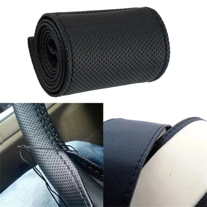 Car Steering Wheel Braid Cover Needles And Thread PU Leather Car Covers Suite DIY Texture Soft Auto Accessories Black 37-38cm