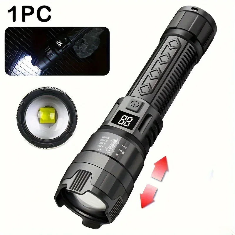 High Strong Power Led Flashlights 2000LM Tactical Torch with Display Light USB Charging Camping Fishing Emergency Zoom Lantern - Urbizia