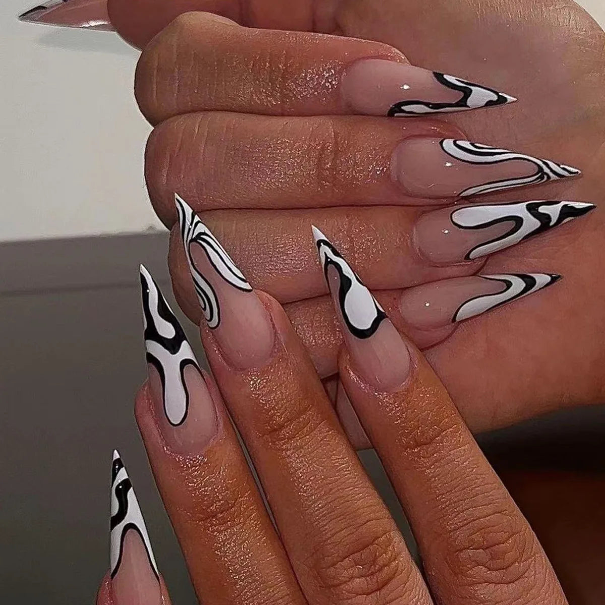 24Pcs Long Almond Fake Nails – Detachable French Ballet Halloween Press-on Full Cover Nail Tips