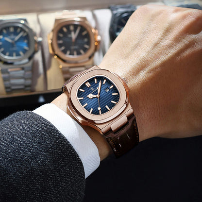 POEDAGAR Business Men's Watch Date Waterproof Luminous Luxury Men Clock High Quality Leather Quartz Square Watches For Man Reloj