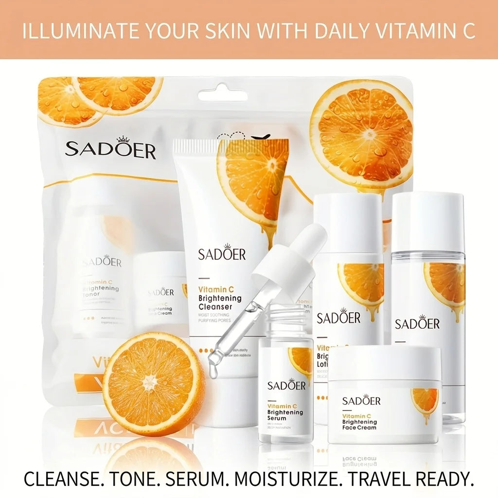Mini Travel Size 5Pcs Vitamin C Skincare Set Brightening Hydrating Facial Care Kit : Cleanser Toner Serum Lotion Face Cream
