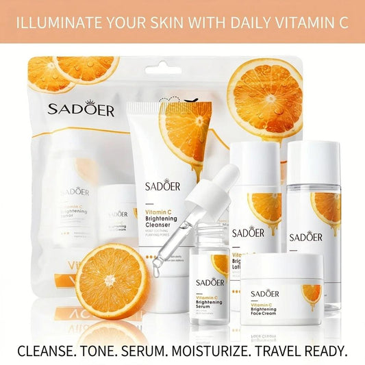 Mini Travel Size 5Pcs Vitamin C Skincare Set Brightening Hydrating Facial Care Kit : Cleanser Toner Serum Lotion Face Cream